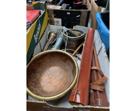 A box of metalware to include brass, lamp, bugle, leather cases, etc. 