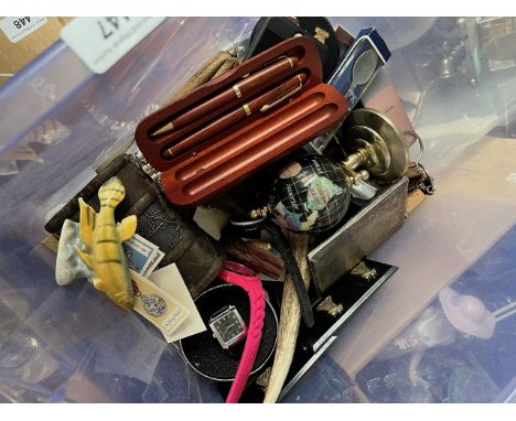 A box of collectables including specimen stone globe, watches, pens, cigarette case etc. 