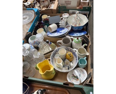 Two boxes of mixed pottery and glass. Includes 4 decanters, collectors plates including Copenhagen, Royal Doulton figurine Di