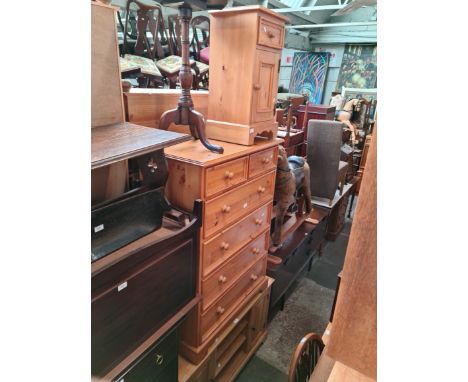 Four pieces of furniture; a pine chest of drawers, a pine bedside cabinet, a light oak TV stand and a 19th century snap top t