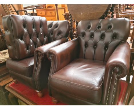 A pair of Thomas Lloyd brown leather Chesterfield armchairs and matching footstool.Both chairs and footstool appear to be in 