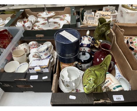 A box of Royal souvenir ware and a box of mixed pottery and glass, and a Nat West globe money box etc 