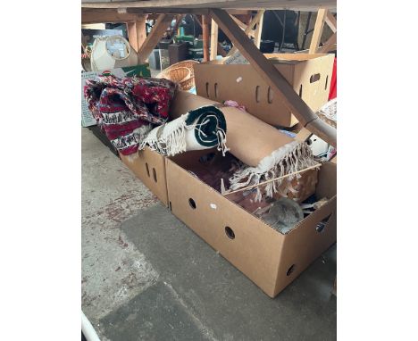 8 boxes of assorted items including rugs, glass vases, ornaments, clock, table lamp, glassware, etc. 