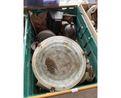 A mixed lot including Art Deco style glass light shade, oil lamp parts, posser, plane, metal kettle etc. 