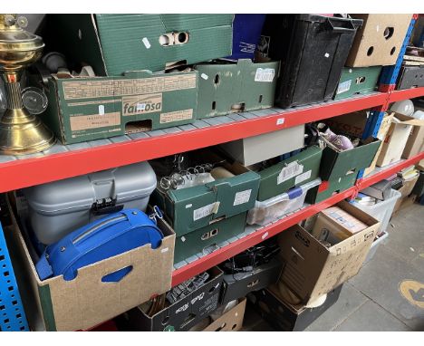 3 shelves of mixed items including, briefcases, crafting materials, ornaments, tableware, glassware, linen, oil lamp, boxed c