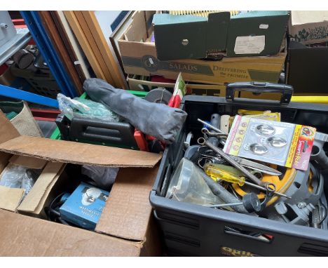 3 boxes of garage items, tools, etc to include Broomwade small compressor with unused paint spray gun, hose reel, tools, batt