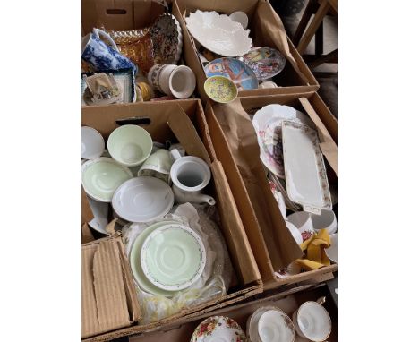 Four boxes of mixed pottery including Minton tea wares,  collectors plates, vases, Royal Osborne, Schramberg dish etc 