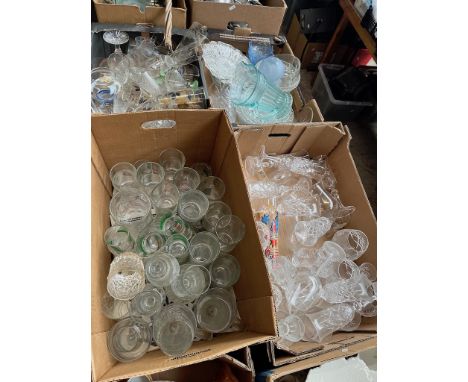 4 boxes of mixed glassware including jugs, vases, plates, drinking glasses etc 