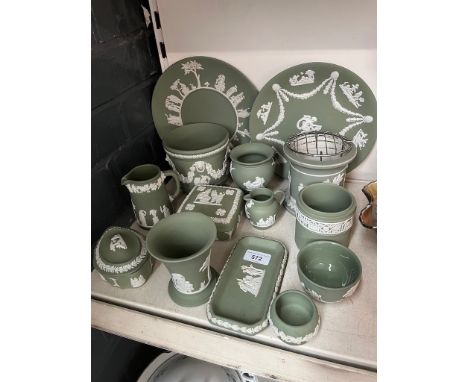Green and white Wedgwood jasperware including plates, lidded dishes etc. 14 pieces 