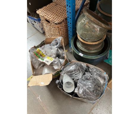 8 pottery planters and 2 boxes of low voltage garden lights 