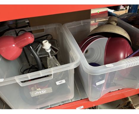 Assorted table lamps and light fittings including industrial style shades, adjustable, leaded, etc - 2 boxes. 