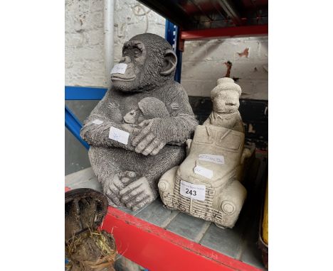 2 concrete garden ornaments - Gorilla with baby and Mr Toad in a car 