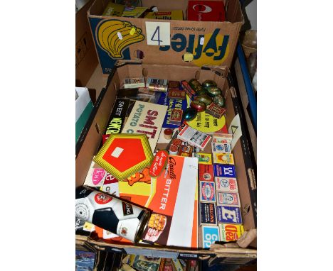 TWO BOXES OF VINTAGE ADVERTISING AND PACKAGING, to include Clarks Attackers and Mitre football boot boxes, tins including Bou