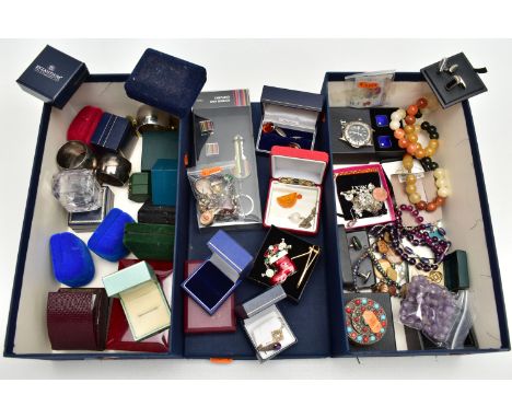 TWO BOXES OF ASSORTED SEMI-PRECIOUS GEMSTONE JEWELLERY, COSTUME JEWELLERY AND OTHER ITEMS, to include a modern British ten po