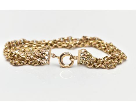 A YELLOW METAL BELCHER CHAIN BRACELET, designed as a four row belcher chain, fitted with a bolt spring clasp stamped 9ct, len