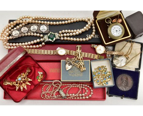 AN ASSORTMENT OF COTUME JEWELLERY AND WATCHES, to include a three strand imitation pearl necklace, fitted with a large decora
