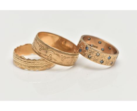 THREE 9CT GOLD BAND RINGS, the first a wide band set with small blue sapphires and spinels, with a diamond cut pattern, hallm