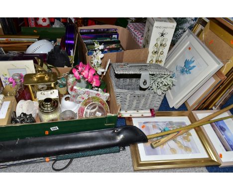 THREE BOXES AND LOOSE PICTURES, BOOKS, CHRISTMAS DECORATIONS AND SUNDRY HOMEWARES, to include fifteen mainly framed prints an