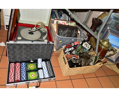 TWO BOXES AND LOOSE RECORD PLAYER, BOOKS, PICTURES AND SUNDRY ITEMS, to include a Dansette portable record player with Monarc