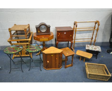 A SELECTION OF OCCASIONAL FURNITURE, to include a pair of metal folding tables, with coloured glass inserts, a wicker occasio