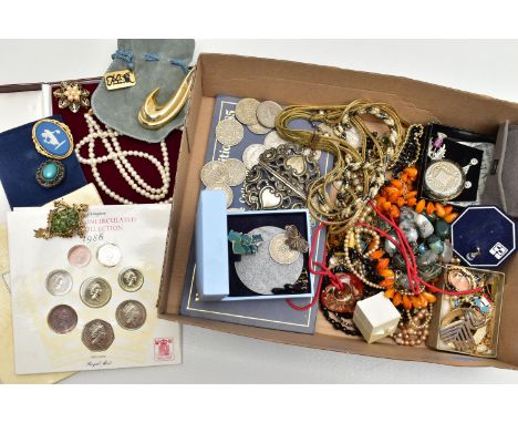 A BOX OF ASSORTED ITEMS, to include a boxed double row cultured pearl necklace fitted with a yellow metal integrated clasp, s