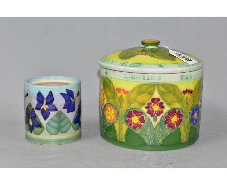 A DENNIS CHINA WORKS LTD PRIMROSE BISCUIT BARREL AND TRIAL POT, the biscuit barrel tube lined with different coloured primros