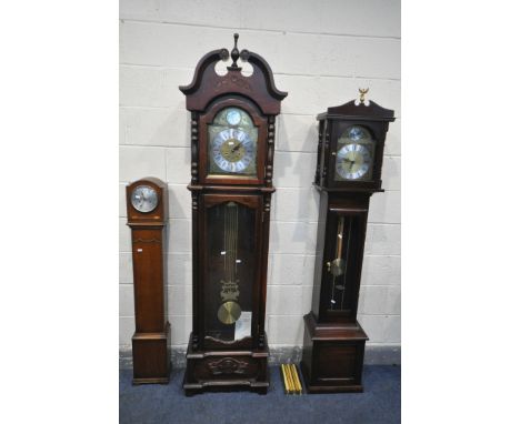 A SLIM MAHOGANY LONGCASE CLOCK, with a brass and silvered dial, and Tempus Fugit to arch, height 188cm, with one weight and t