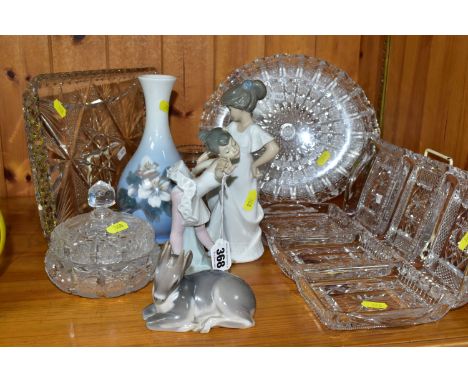 A GROUP OF BOHEMIAN 'QUEEN LACE' CUT GLASS, TWO LLADRO NAO SCULPTURES AND TWO ROYAL COPENHAGEN FIGURINES, comprising a Bohemi