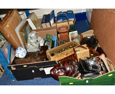 THREE BOXES OF TREEN, VINTAGE CAMERAS TOGETHER WITH A QUANTITY OF AIRFORCE/AIRCRAFT RELATED BOOKS, to include three binders o