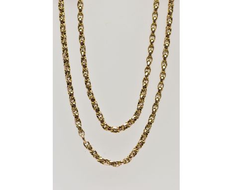 A YELLOW METAL BELCHER CHAIN, a long chain fitted with a jump ring, unmarked, length 660mm, approximate gross weight 12.7 gra
