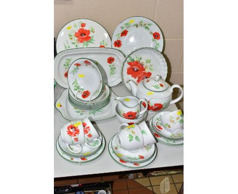 A THIRTY SIX PIECE ROYAL WORCESTER 'POPPIES' PATTERN PART DINNER SERVICE, comprising tea pot and cover, a square twin handled