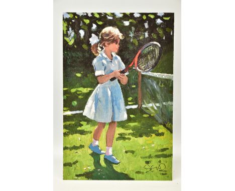 SHERREE VALENTINE DAINES (BRITISH 1959) 'PLAYFUL TIMES I', a signed limited edition print depicting a young girl playing tenn