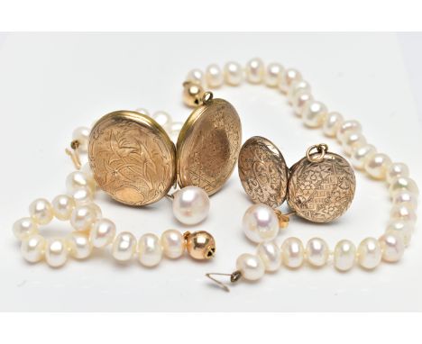 TWO GOLD BACK AND FRONT LOCKETS, TWO CULTURED PEARL BRACELETS AND A PAIR OF CULTURED PEARL EARRINGS, two oval gold front and 
