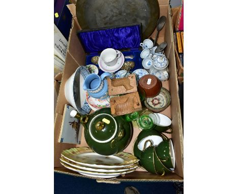 ONE BOX OF ASSORTED CERAMICS, to include three Ivory Blush Carlton ware plates, a Dudson blue Jasper ware jug, six Oriental s