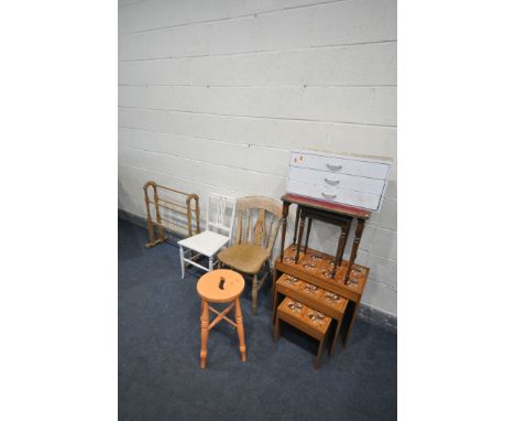 A SELECTION OF OCCASIONAL FURNITURE, to include a teak effect tile top nest of three tables (missing of tile) a mahogany nest