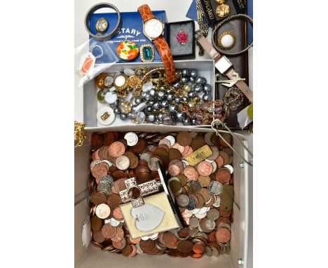 A BOX CONTAINING AN AMOUNT OF MODERN BRITISH COINS, COSTUME JEWELLERY AND A ROTARY WRISTWATCH, to include a 9ct gold oval ope