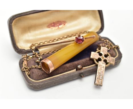 AN EARLY 20TH CENTURY GOLD PENDANT AND CHAIN, A GEMSET BAR BROOCH AND A CHEROOT, the first a rose tone Celtic cross, engraved