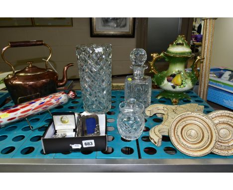 A GROUP OF GLASS, METAL WARES, CERAMICS AND SUNDRY ITEMS, comprising three Silver Scenes plated miniature photograph frames, 