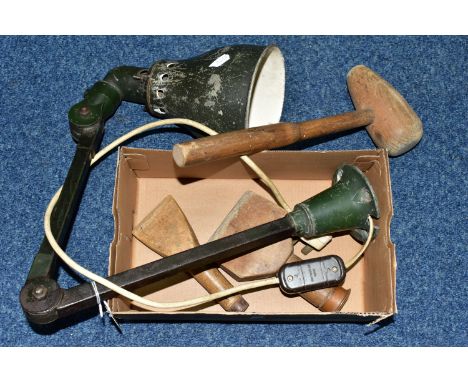 A WORKSHOP LAMP AND LEAD DRESSING TOOLS, the vintage adjustable wall or bench mountable workshop lamp, having a worn green pa