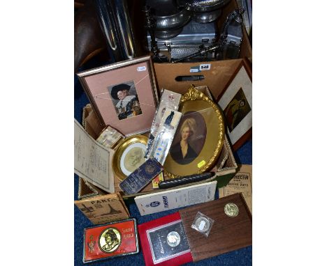 TWO BOXES OF METALWARE, to include a Boer War Christmas 1900 Fry's chocolate tin for soldiers with a hinged lid, a 1960s moth