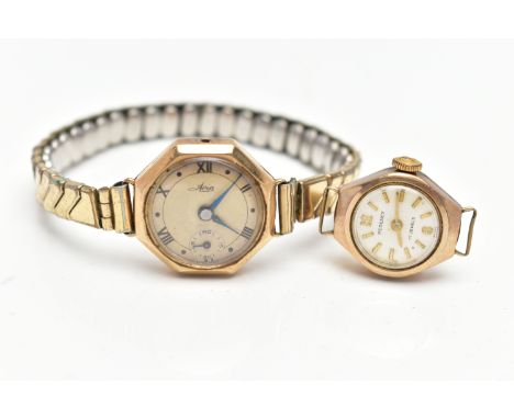 TWO 9CT GOLD WATCHES, the first an AF lady's wrist watch, signed 'Avia', Roman numerals interspaced with dot markers, subsidi
