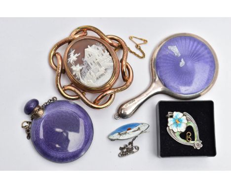 A DAVID ANDERSEN SCENT FLASK AND BROOCH, ENAMEL BROOCH AND A GOLD PLATED CAMEO BROOCH, the scent flask of a circular from dec