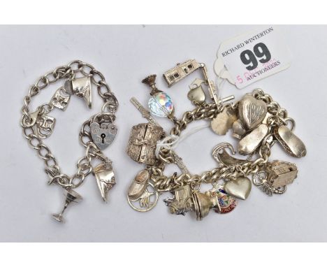 A SILVER CHARM BRACELET AND WHITE METAL CHARM BRACELET, the first a curb link bracelet, fitted with a heart padlock clasp and