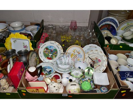 SIX BOXES OF ASSORTED CERAMICS AND GLASSWARE, to include three pewter tankards, mugs, tea wares, two Royal Albert 'The Wind I