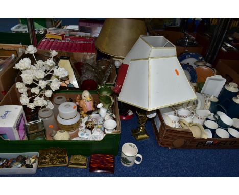 FOUR BOXES AND LOOSE CERAMICS, GLASSWARES AND LAMPS, to include a fifteen piece Beswick blue and white 1960s/70s part tea set