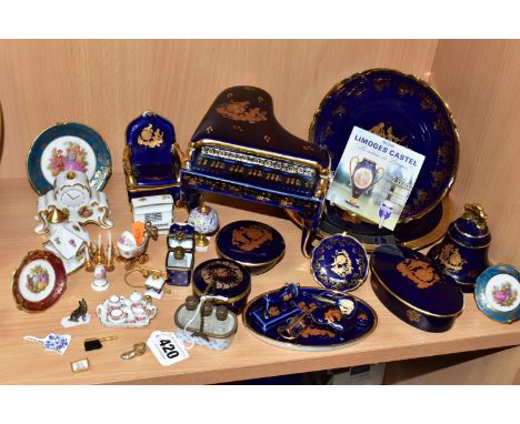 A COLLECTION OF LIMOGES PORCELAIN ITEMS, to include a Dubarry Limoges porcelain basket containing three miniature scent bottl