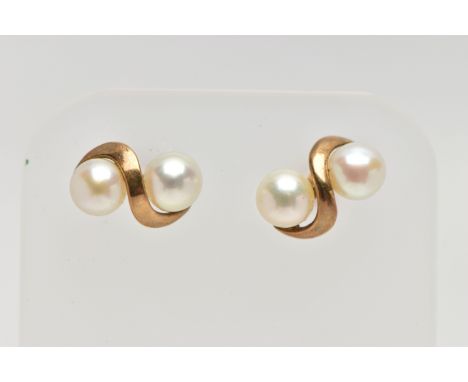 A PAIR OF 9CT CULTURED PEARL EARRINGS AND YELLOW METAL, two white cultured pearls set within a scrolling yellow gold band, fi