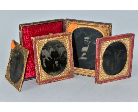 THREE AMBROTYPES AND A TINTYPE PHOTOGRAPH, comprising a leather cased image of a seated gentleman, approximate maximum dimens