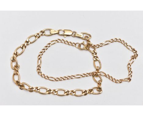 TWO 9CT GOLD BRACELETS, the first a figaro chain bracelet, fitted with a spring clasp, hallmarked 9ct Sheffield import, lengt