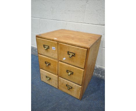 A LIGHT OAK SIX DRAWER INDEX CABINET, width 49cm x depth 43cm x height 53cm